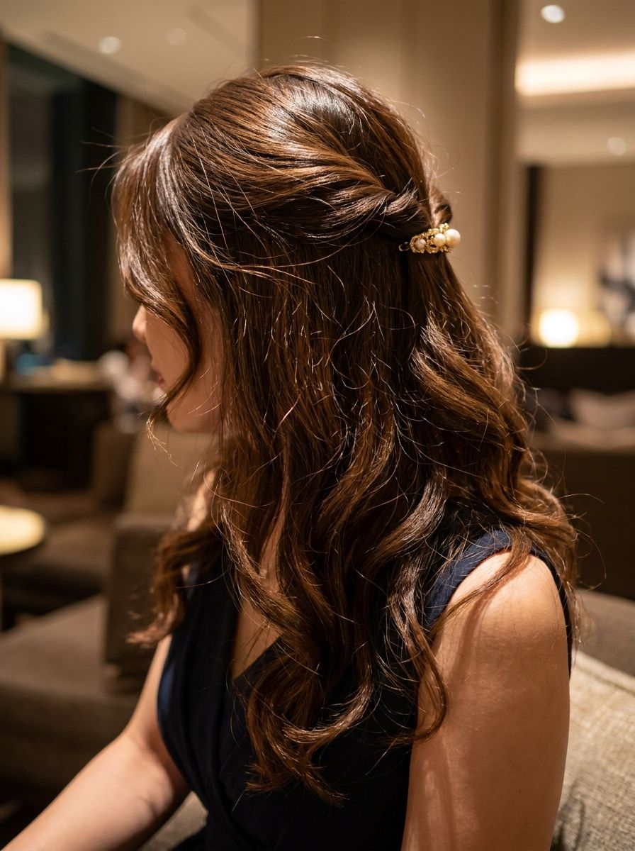 Half-Up mit Schmuckspange - Festliche Frisuren lange Haare